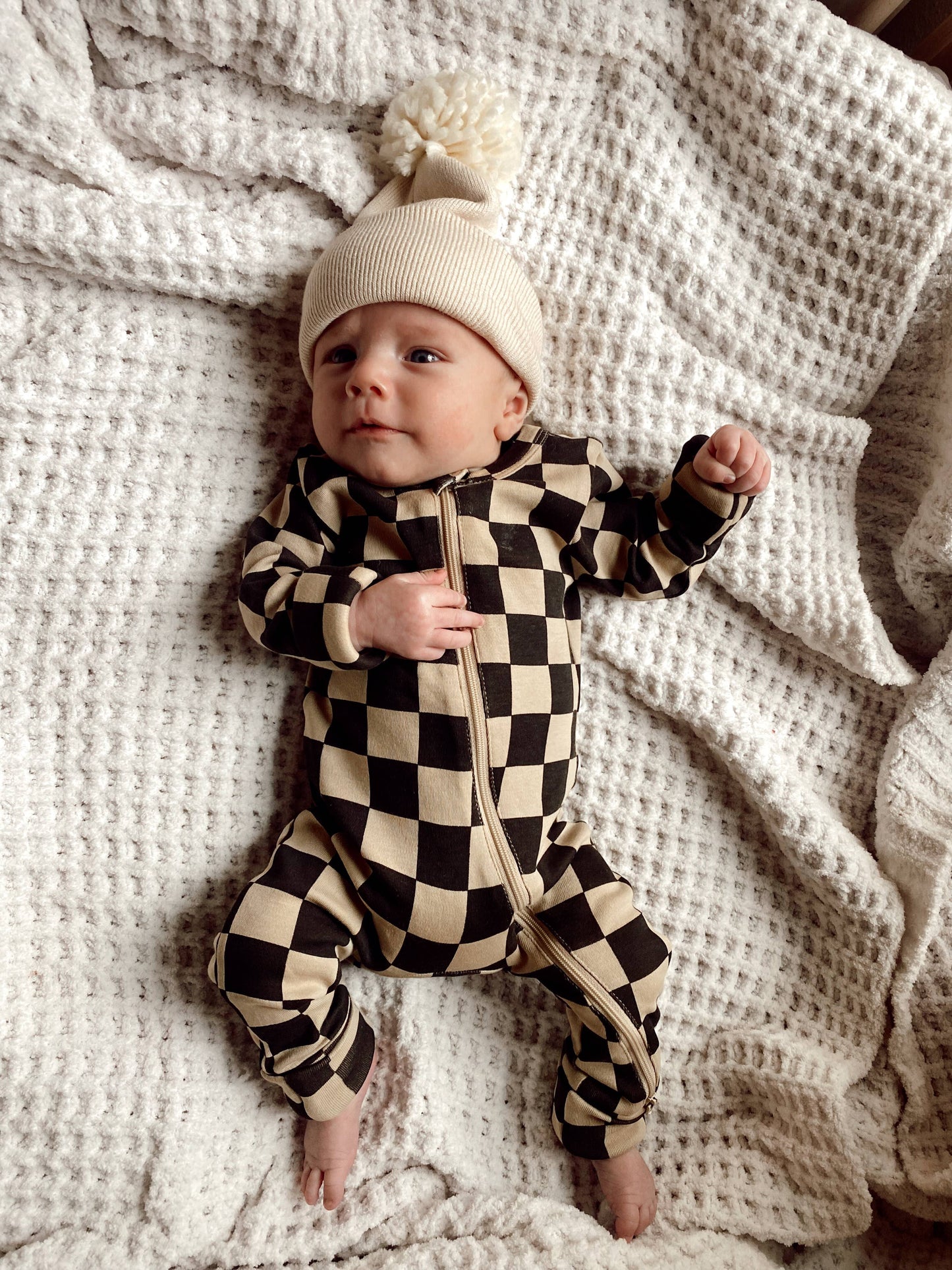 Tiramisu/Black Checkerboard / Organic 2-Way Zip Romper