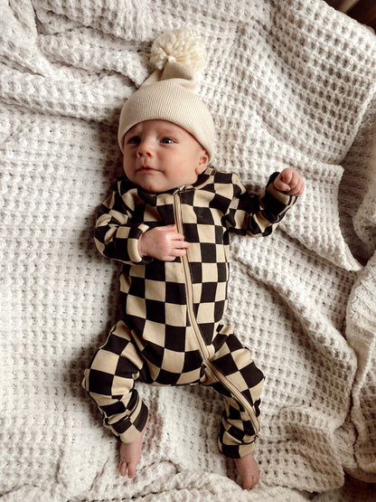 Tiramisu/Black Checkerboard / Organic 2-Way Zip Romper
